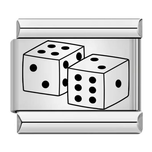 Ce charm italien représente deux dés, symbole de chance et de jeu. Fabriqué en acier inoxydable de haute qualité, il allie robustesse et élégance. Facile à fixer, il s’adapte parfaitement à nos bracelets composés de 17 maillons de charms, qui s’étendent et se contractent pour un ajustement idéal à votre poignet. Tous nos charms italiens sont compatibles entre eux, vous offrant la possibilité de personnaliser votre bijou en ajoutant ou retirant des liens selon vos envies.