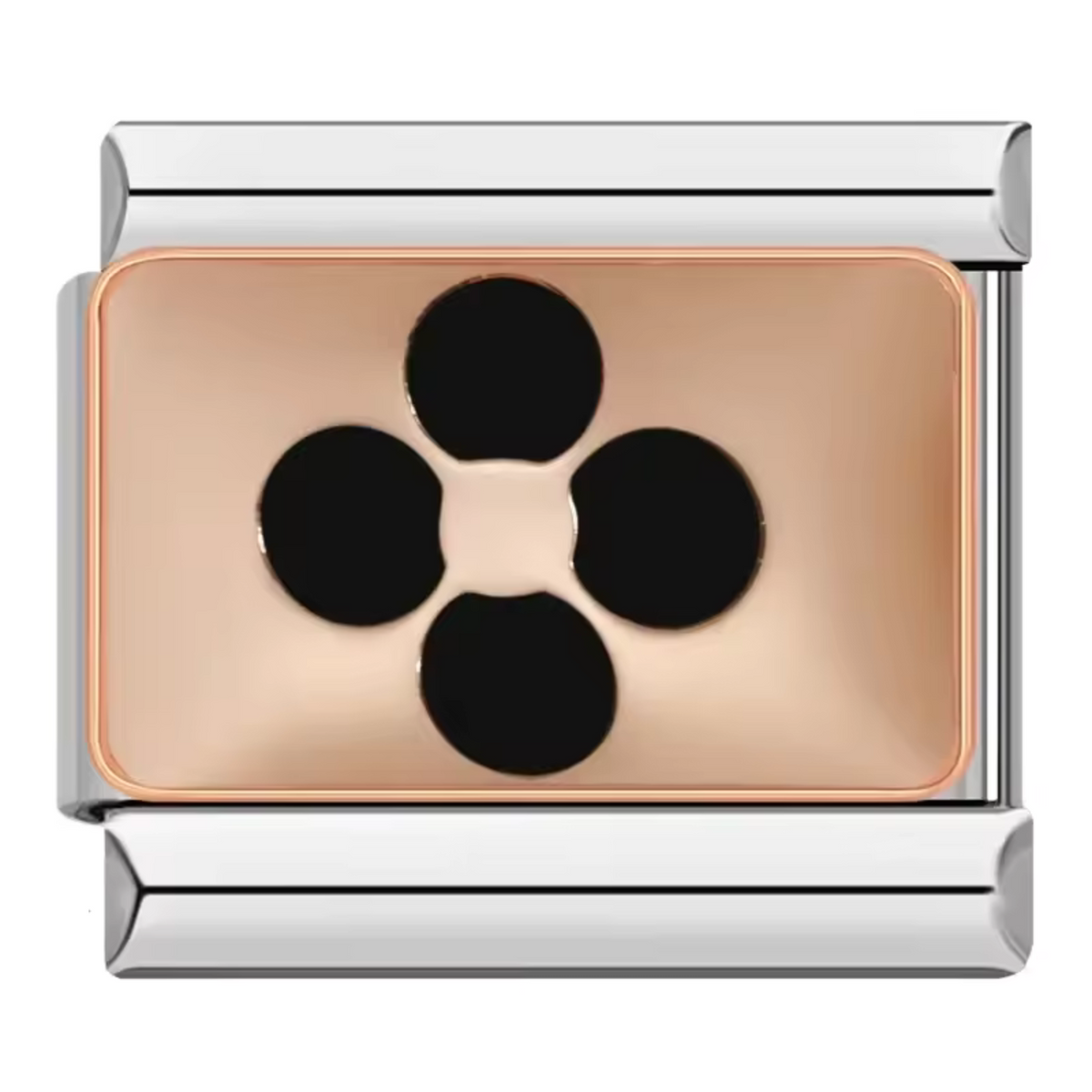 Ce charm italien en or rose représente un trèfle noir à 4 feuilles, symbole d’élégance et de chance. Fabriqué en acier inoxydable de haute qualité avec une finition en or rose sophistiquée, il combine robustesse et raffinement. Il se fixe facilement à nos bracelets composés de 17 maillons de charms, qui s’étendent et se contractent pour s’ajuster parfaitement à votre poignet. Tous nos charms italiens sont compatibles entre eux, vous permettant de personnaliser votre bijou en ajoutant ou retirant des liens s