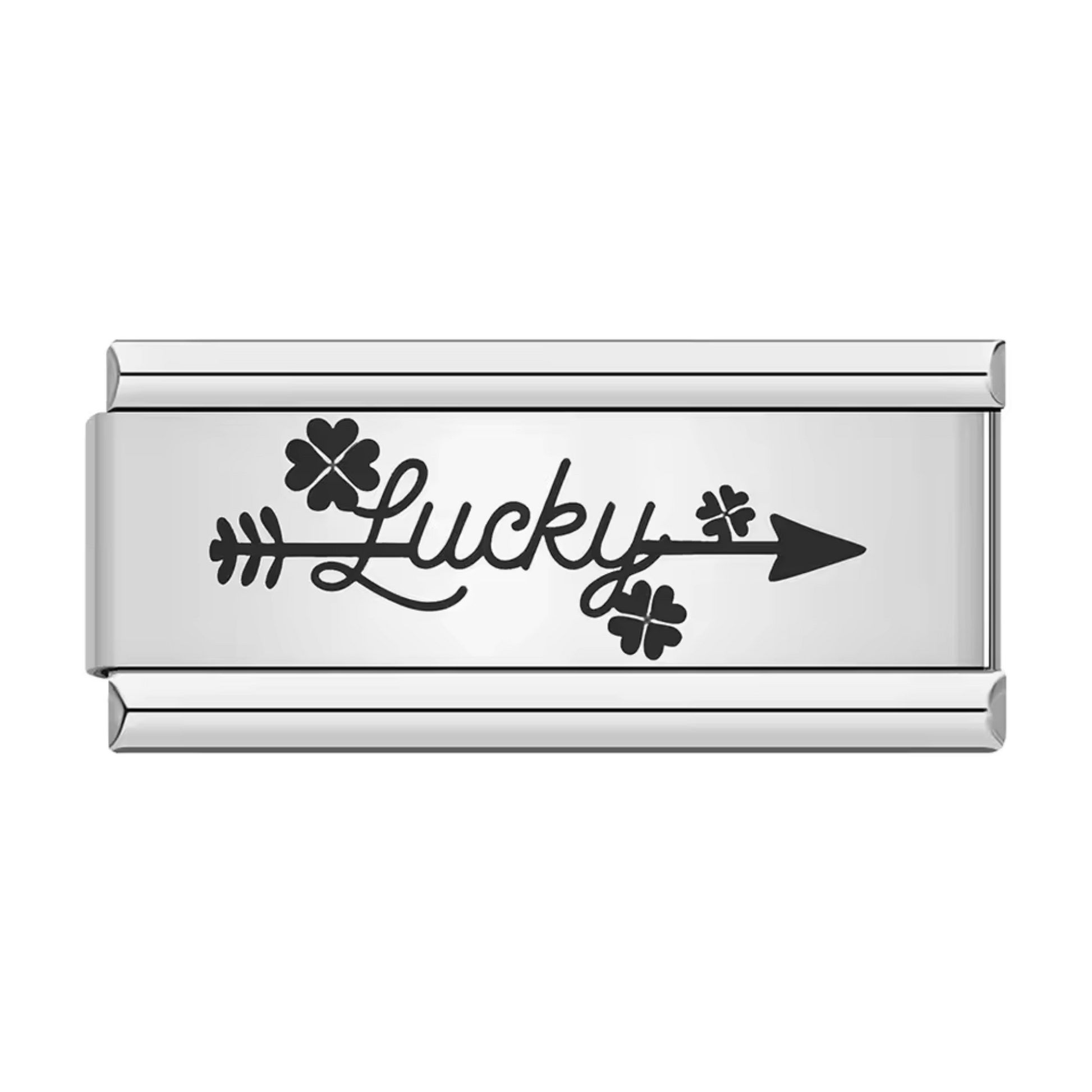 Ce charm italien en forme de flèche ornée de l’inscription “Lucky” et décorée de petits trèfles est fabriqué en acier inoxydable de haute qualité. Son design original symbolise la chance et l’optimisme, tout en apportant une touche d’élégance. Il se fixe facilement à nos bracelets composés de 17 maillons de charms, qui s’étendent et se contractent pour s’adapter parfaitement à votre poignet. Tous nos charms italiens sont entièrement compatibles, vous offrant la liberté de personnaliser votre bijou selon vos