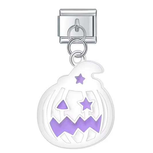 Charm Italien Pendentif Argenté – Citrouille avec Chapeau de Sorcière Blanc et Violet