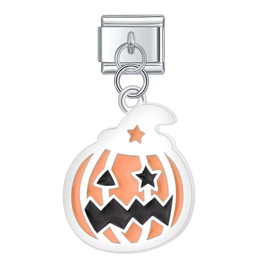 Charm Italien Pendentif Argenté – Citrouille avec Chapeau de Sorcière Orange et Noir