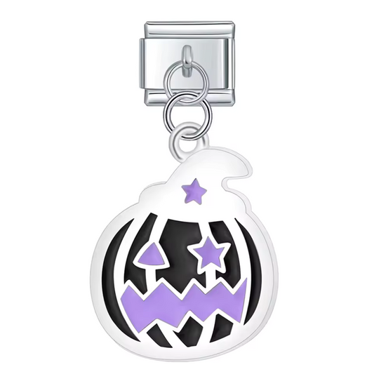 Charm Italien Pendentif Argenté – Citrouille avec Chapeau de Sorcière Noir et Violet