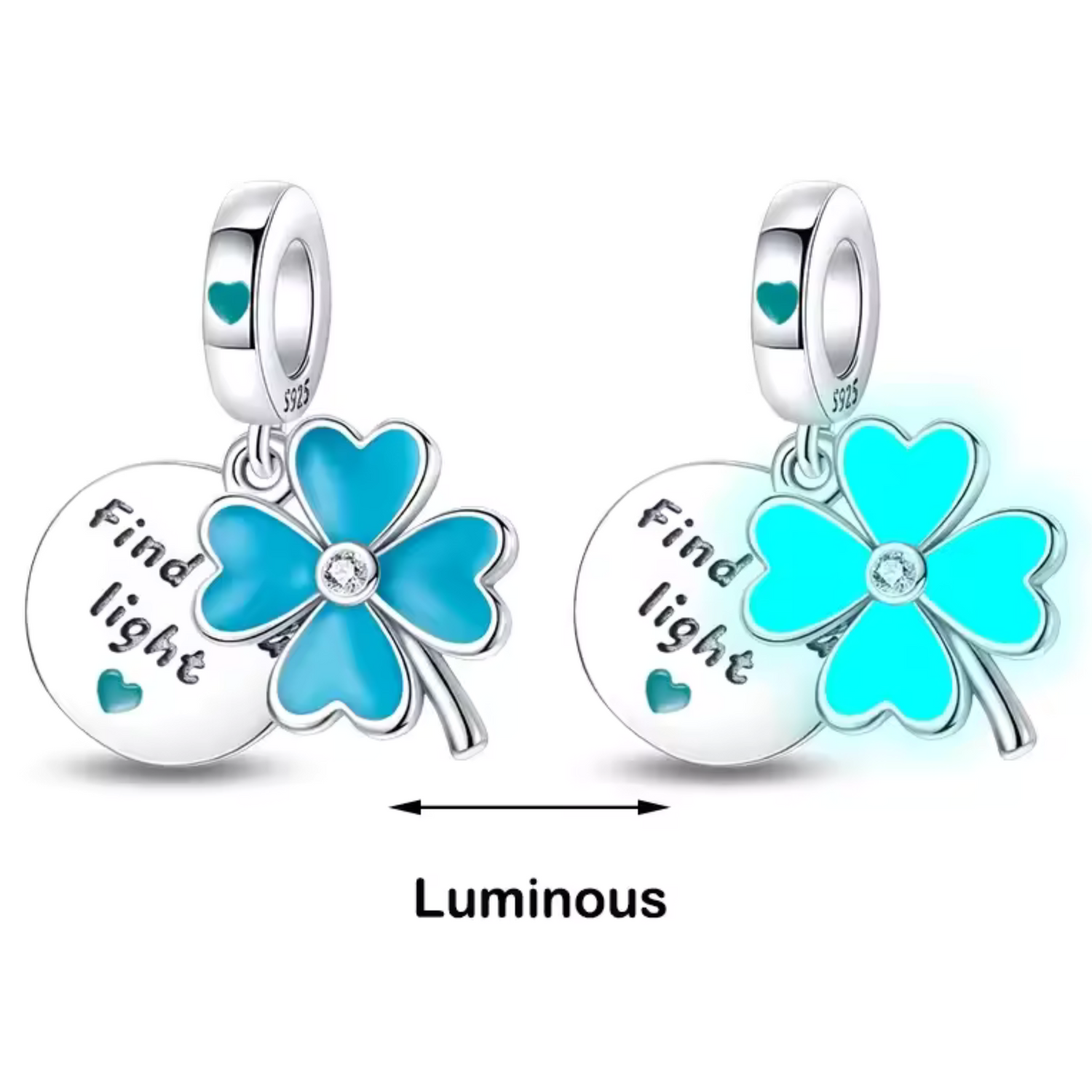 Charm Pendentif Trèfle à 4 Feuilles Bleu – "Glow in the Dark"