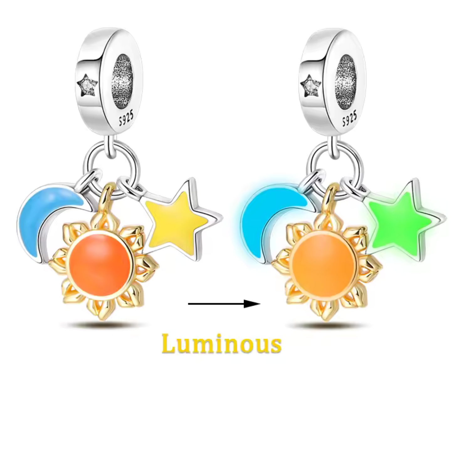 Charm Pendentif Soleil, Étoile et Lune – "Glow in the Dark"