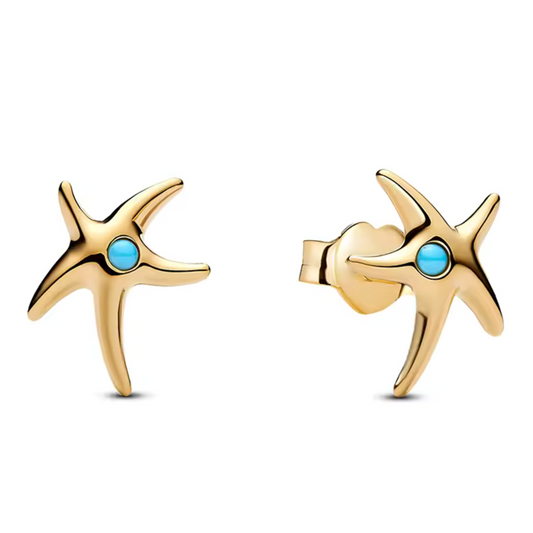 Boucles d’Oreilles Dorées Étoile de Mer avec Strass Bleu – Charme Marin Raffiné