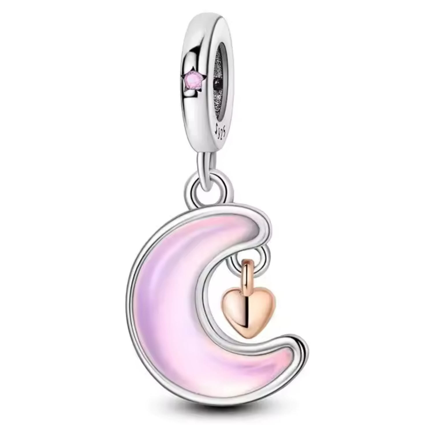 Charm Pendentif Croissant de Lune Rose et Cœur Doré