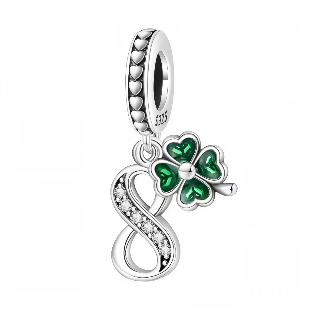 Charm Pendentif - Chiffre "8" Argenté avec Trèfle 4 Feuilles Vert