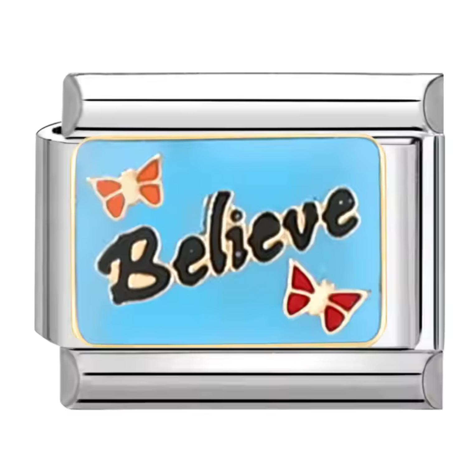 Charm Italien Argenté – “Believe” sur fond bleu avec papillon