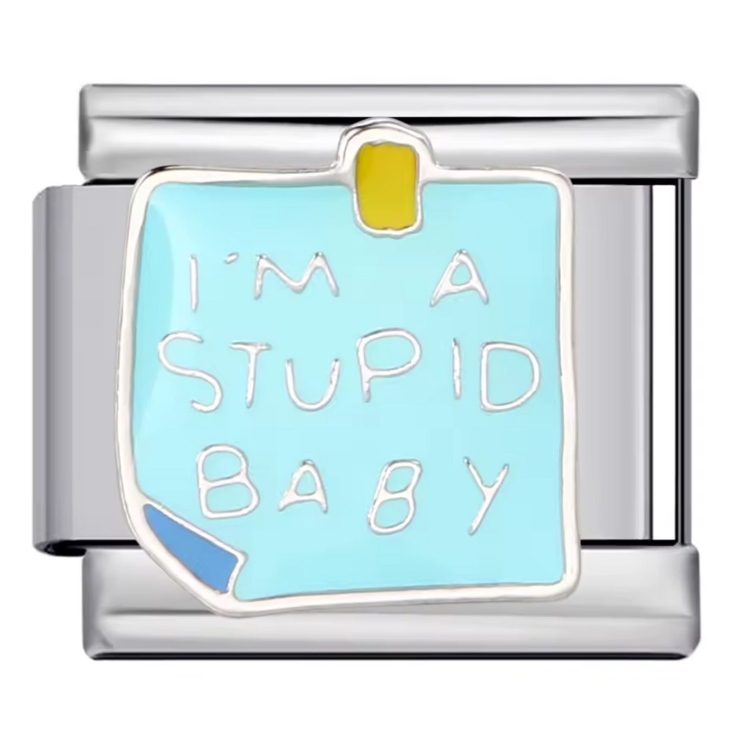 Charm Italien Argenté – Post-it bleu "I’m a stupid baby"