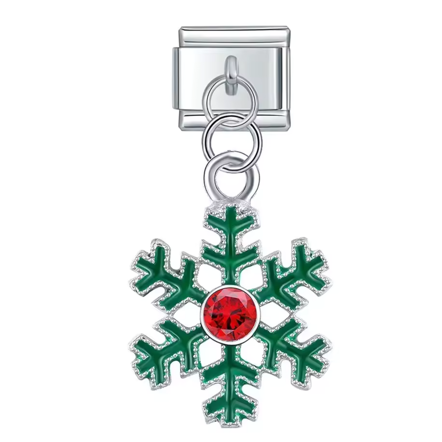 Charm Italien Pendentif – Flocon de Neige Vert et Rouge Argenté