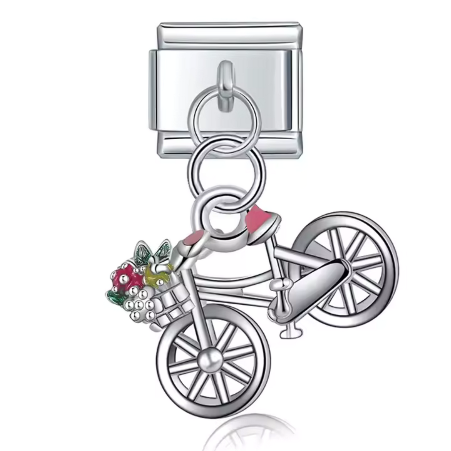 Charm Italien Pendentif Argenté – Vélo avec Panier Fleuri