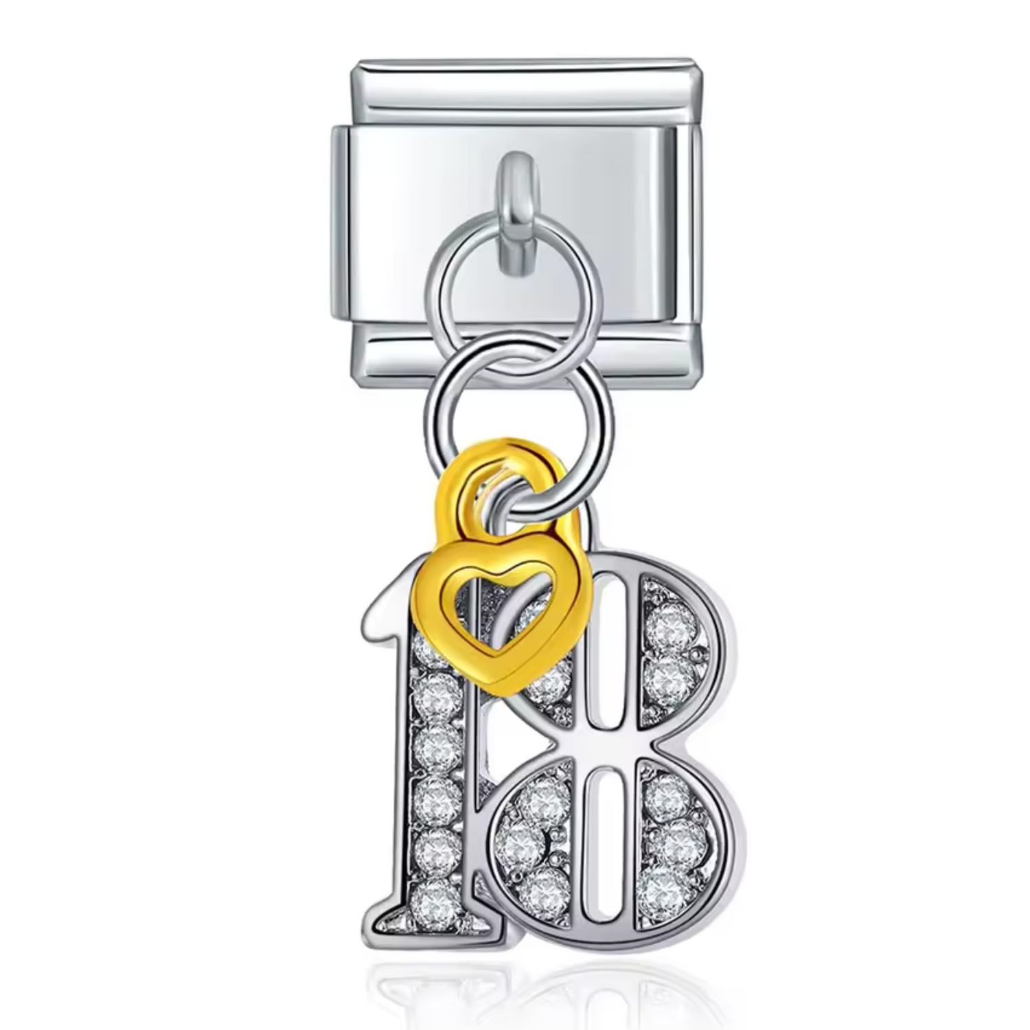 Charm Italien Argenté Pendentif – Nombre 18 avec Petit Cœur Doré