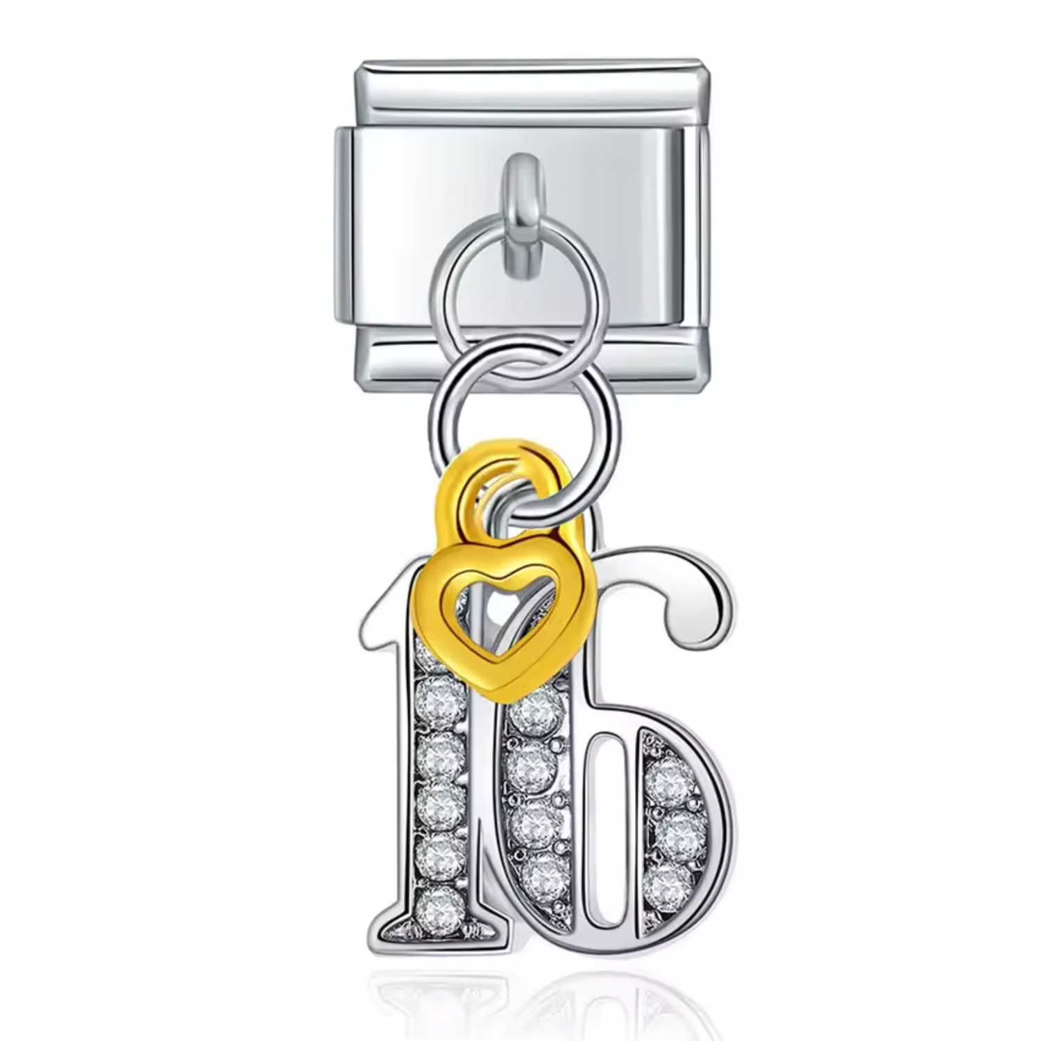 Charm Italien Argenté Pendentif – Nombre 16 avec Petit Cœur Doré