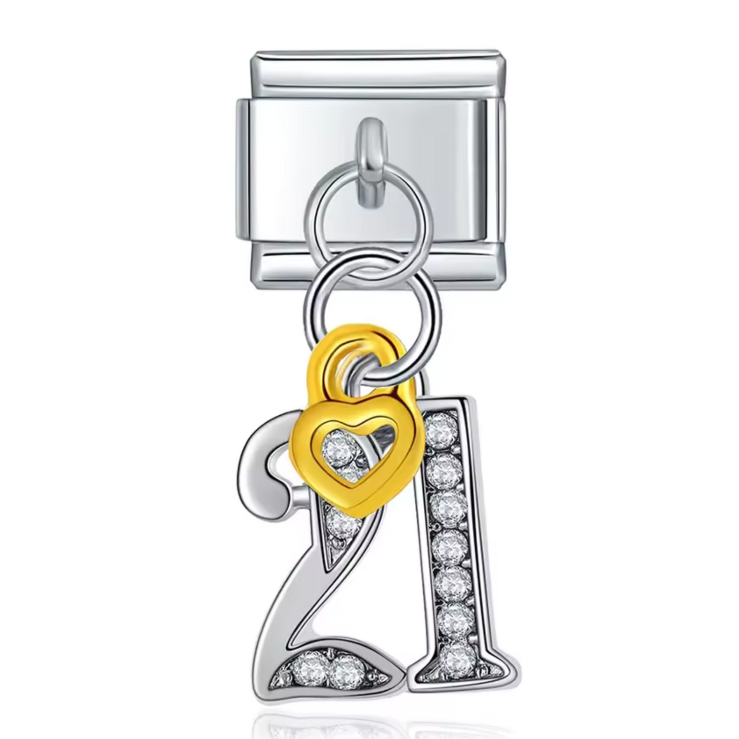 Charm Italien Argenté Pendentif – Nombre 21 avec Petit Cœur Doré