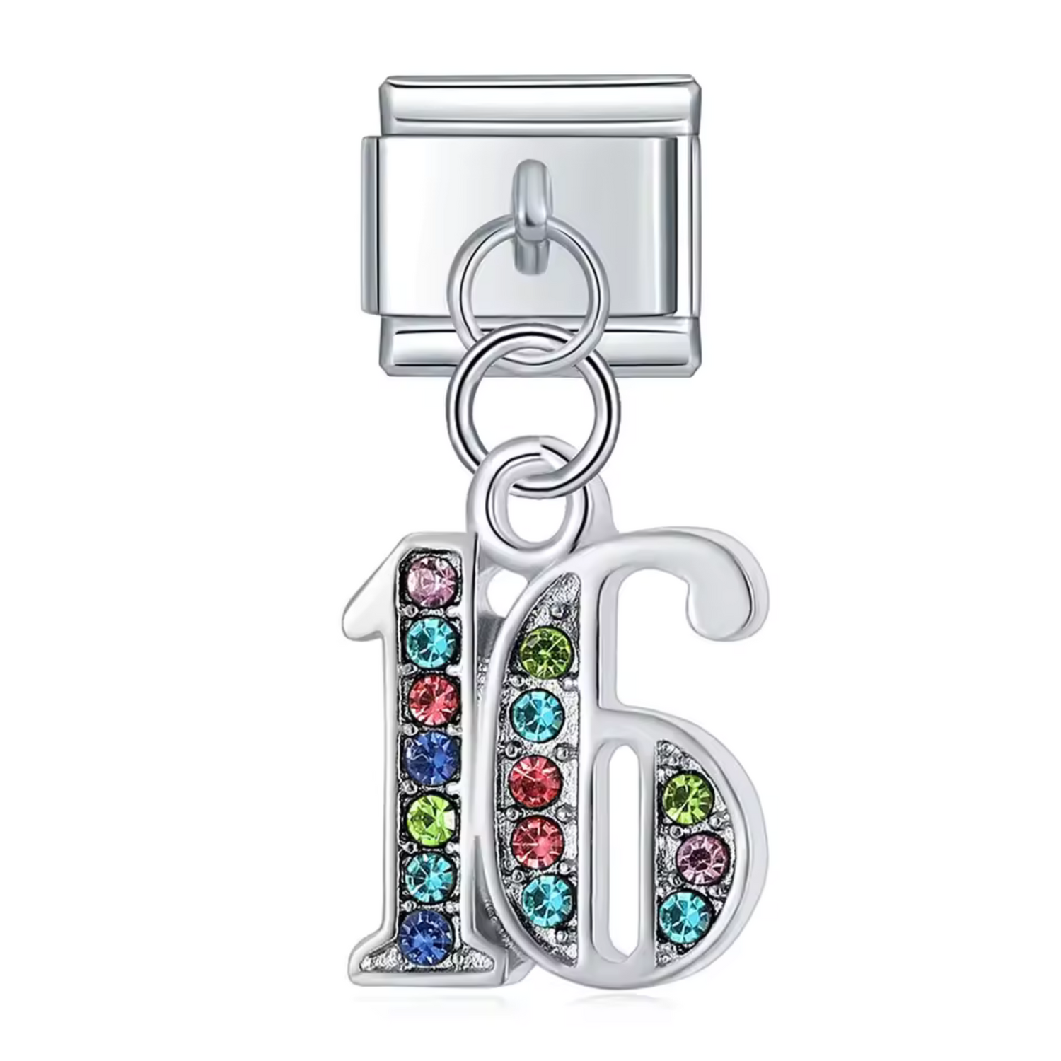 Charm Italien Argenté Pendentif – Nombre 16 avec Strass Multicolores