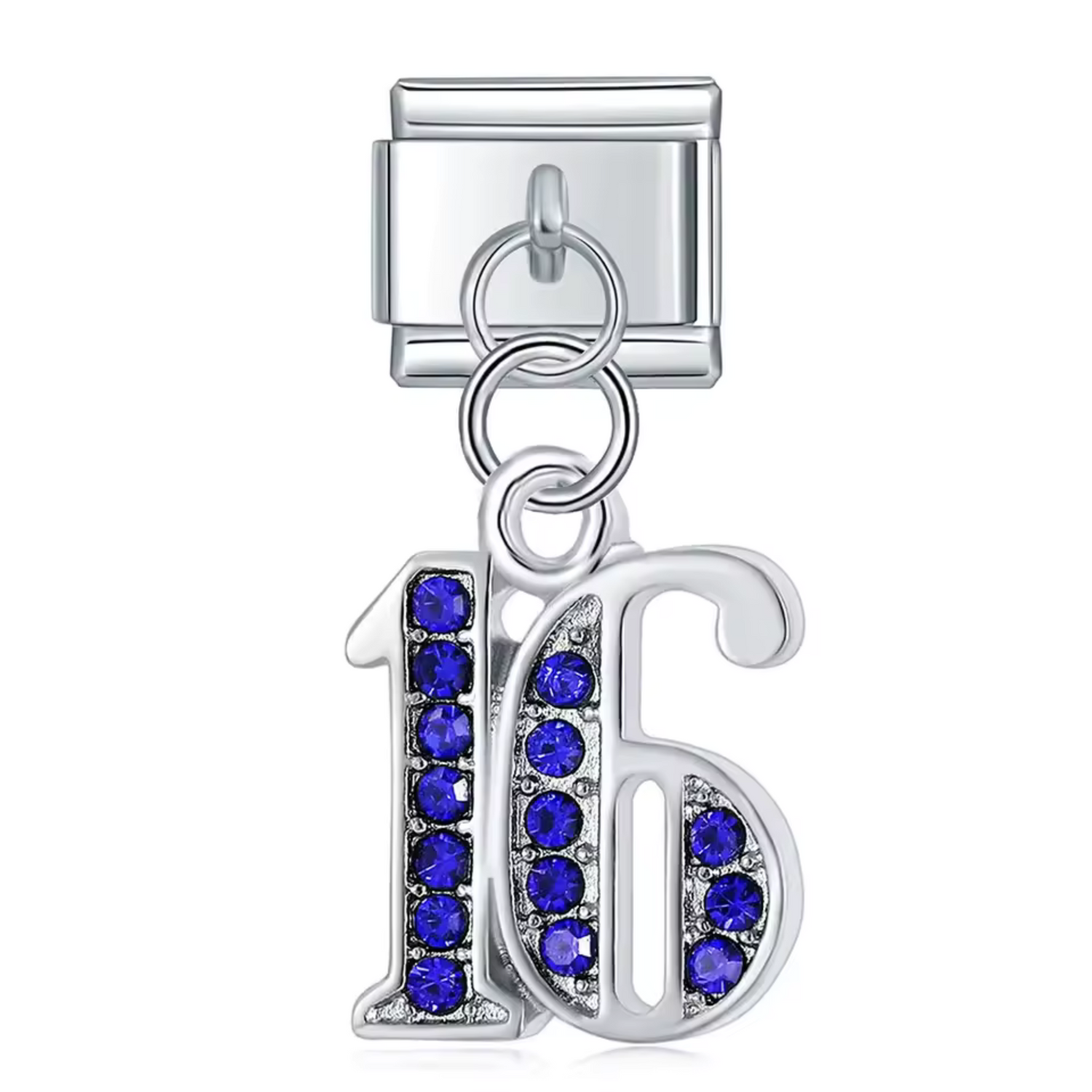 Charm Italien Argenté Pendentif – Nombre 16 avec Strass Bleu