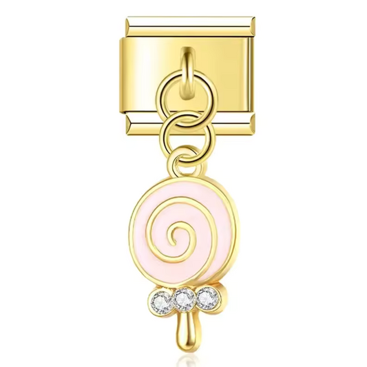 Charm Italien Pendentif Doré – Sucette Rose