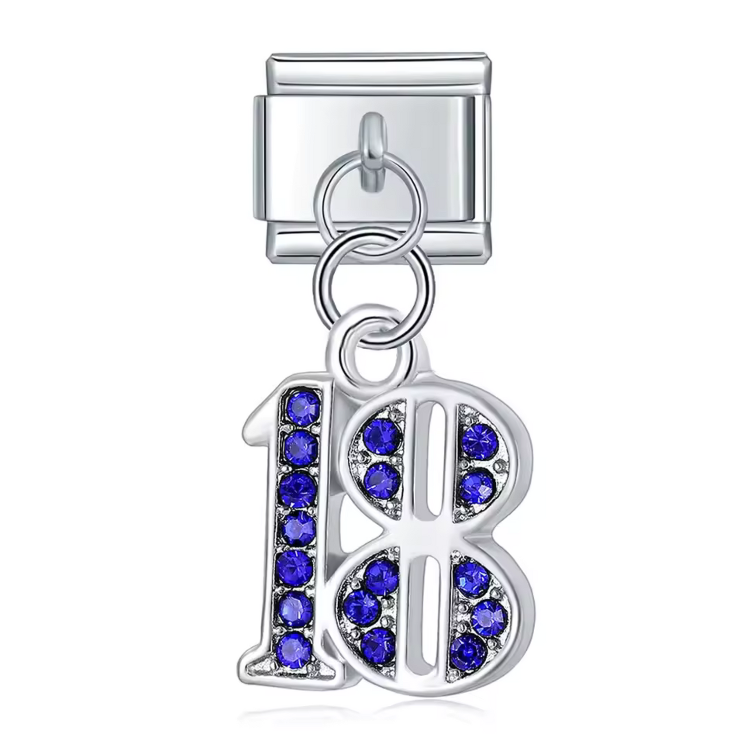 Charm Italien Argenté Pendentif – Nombre 18 avec Strass Bleu
