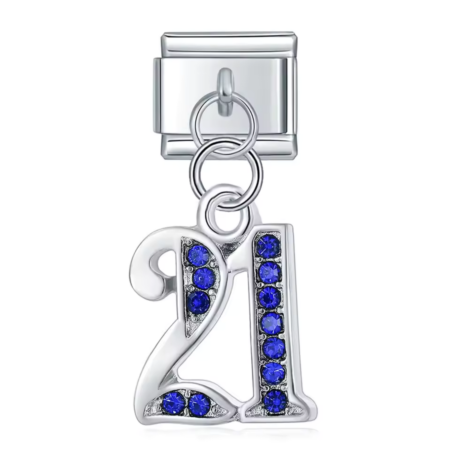 Charm Italien Argenté Pendentif – Nombre 21 avec Strass Bleu