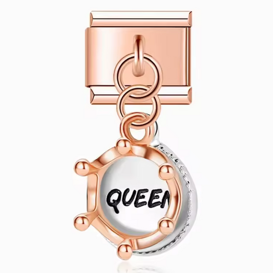 Charm Italien Pendentif Argenté et Doré Rose – "Queen" et Couronne