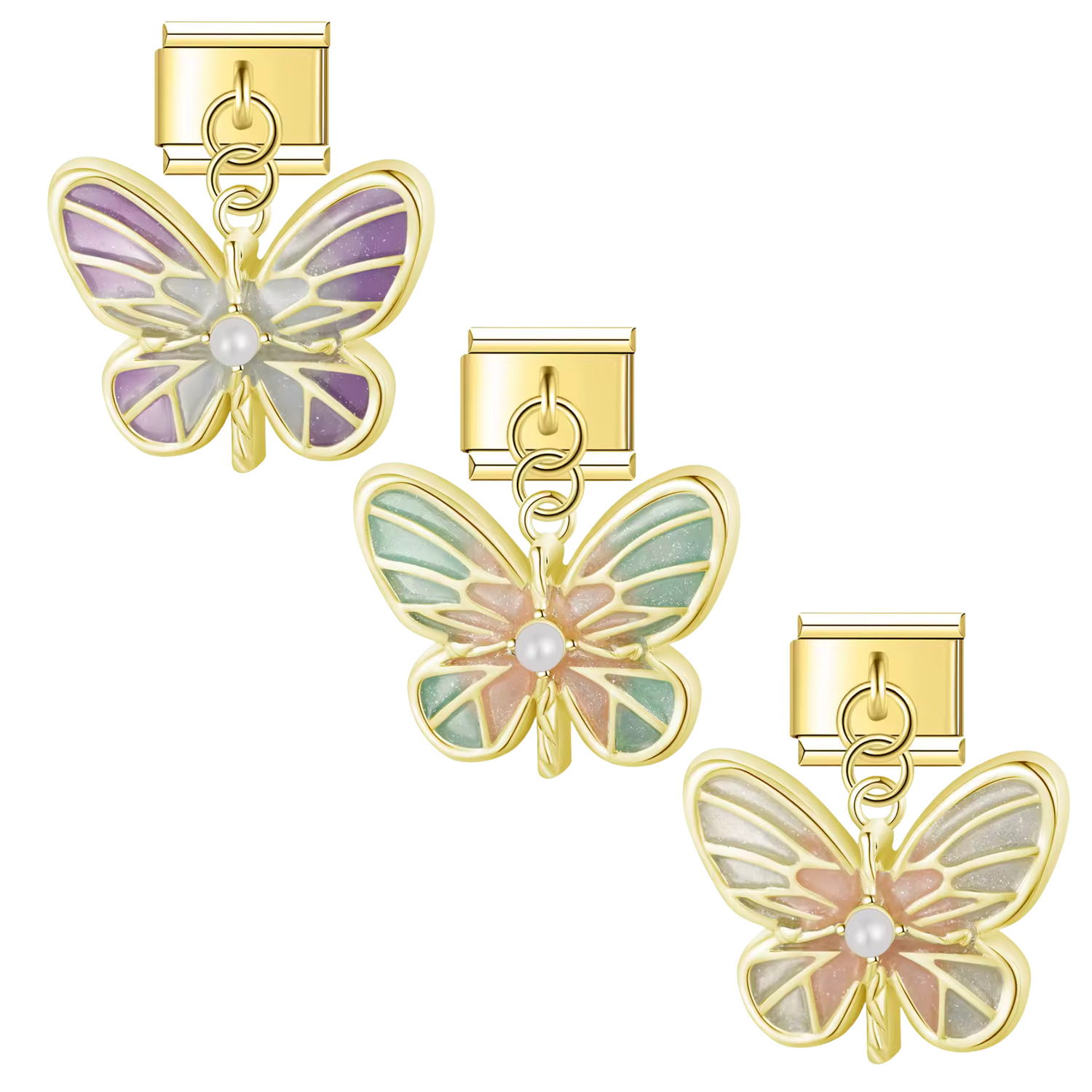 Charm Italien – Doré avec Papillon (Violet, Blanc ou Bleu)