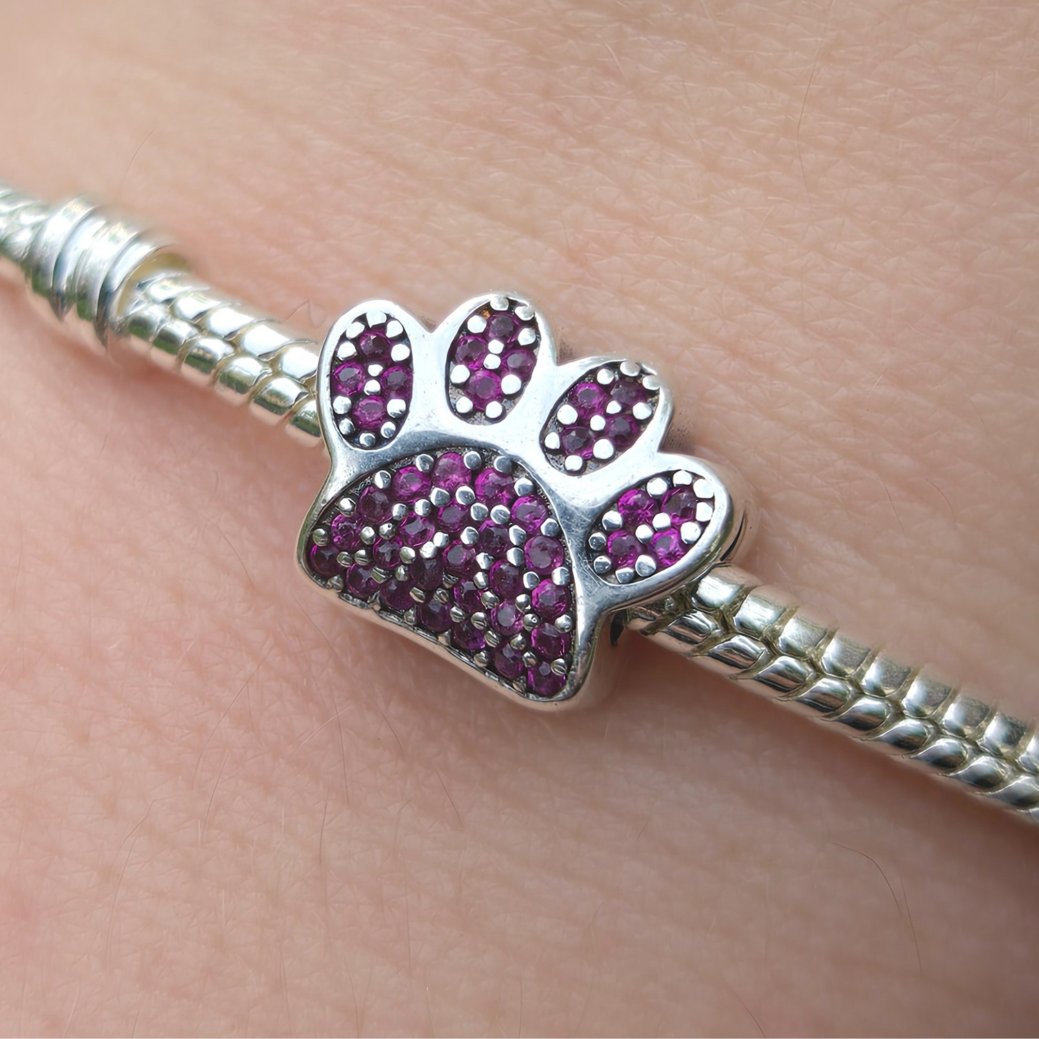 Charm - Patte de Chien Argentée Cristaux Roses