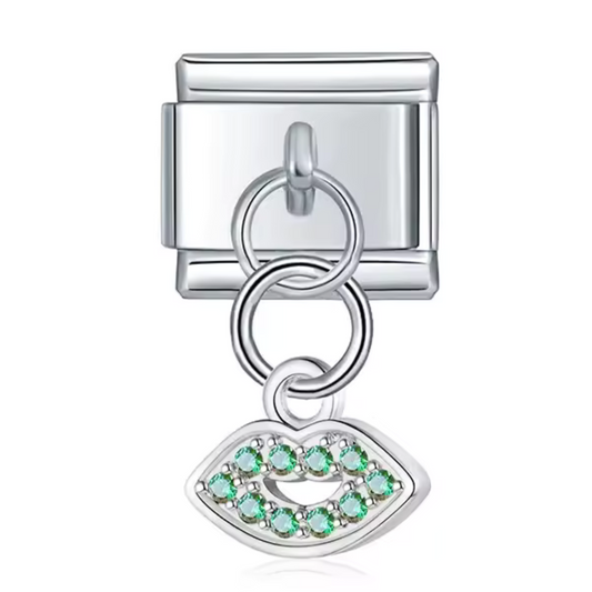 Charm Italien Pendentif Argenté, Doré ou Or Rose – Bouche avec Strass Vert