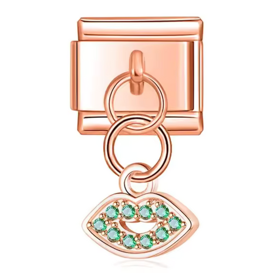 Charm Italien Pendentif Argenté, Doré ou Or Rose – Bouche avec Strass Vert