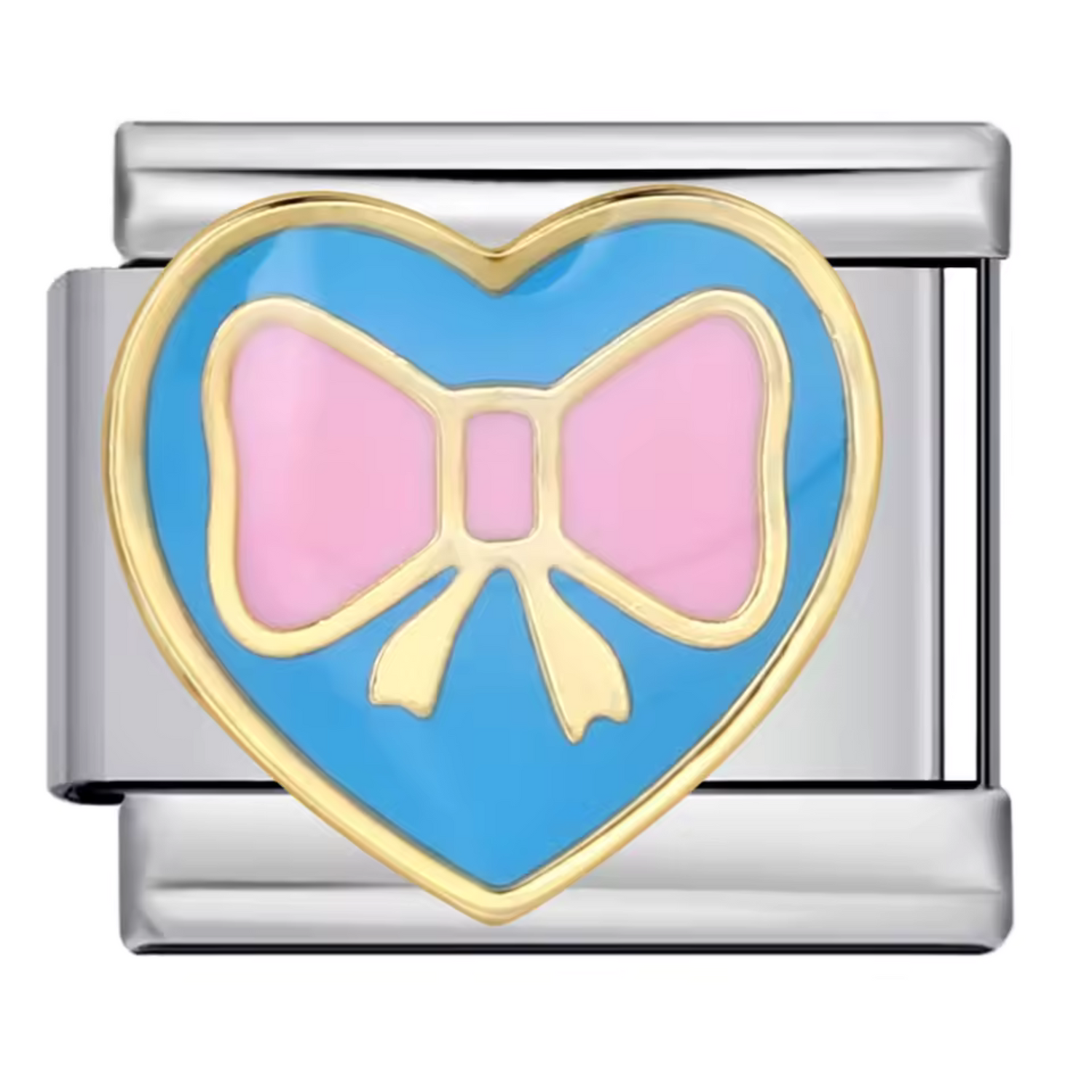 Charm Italien – Argenté Cœur Bleu avec Nœud Rose