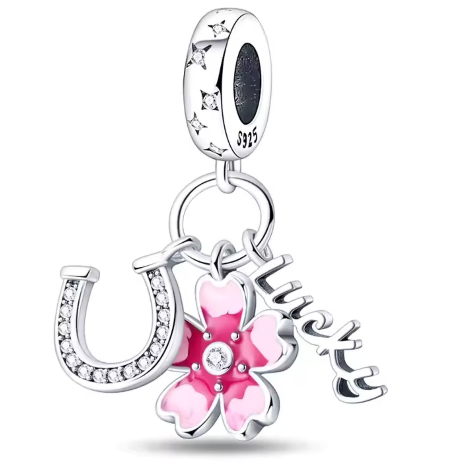 Charm fleur  Fer à Cheval et Inscription "Lucky"