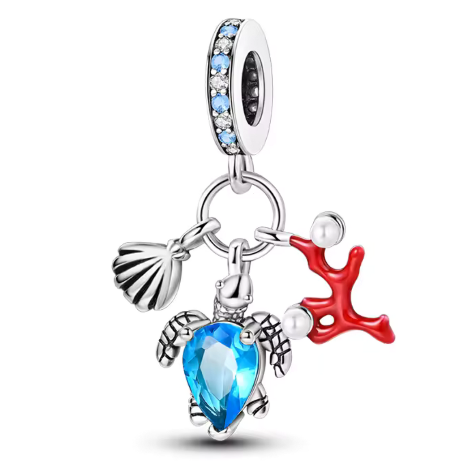 Charm Tortue Bleue avec Corail et Coquillage