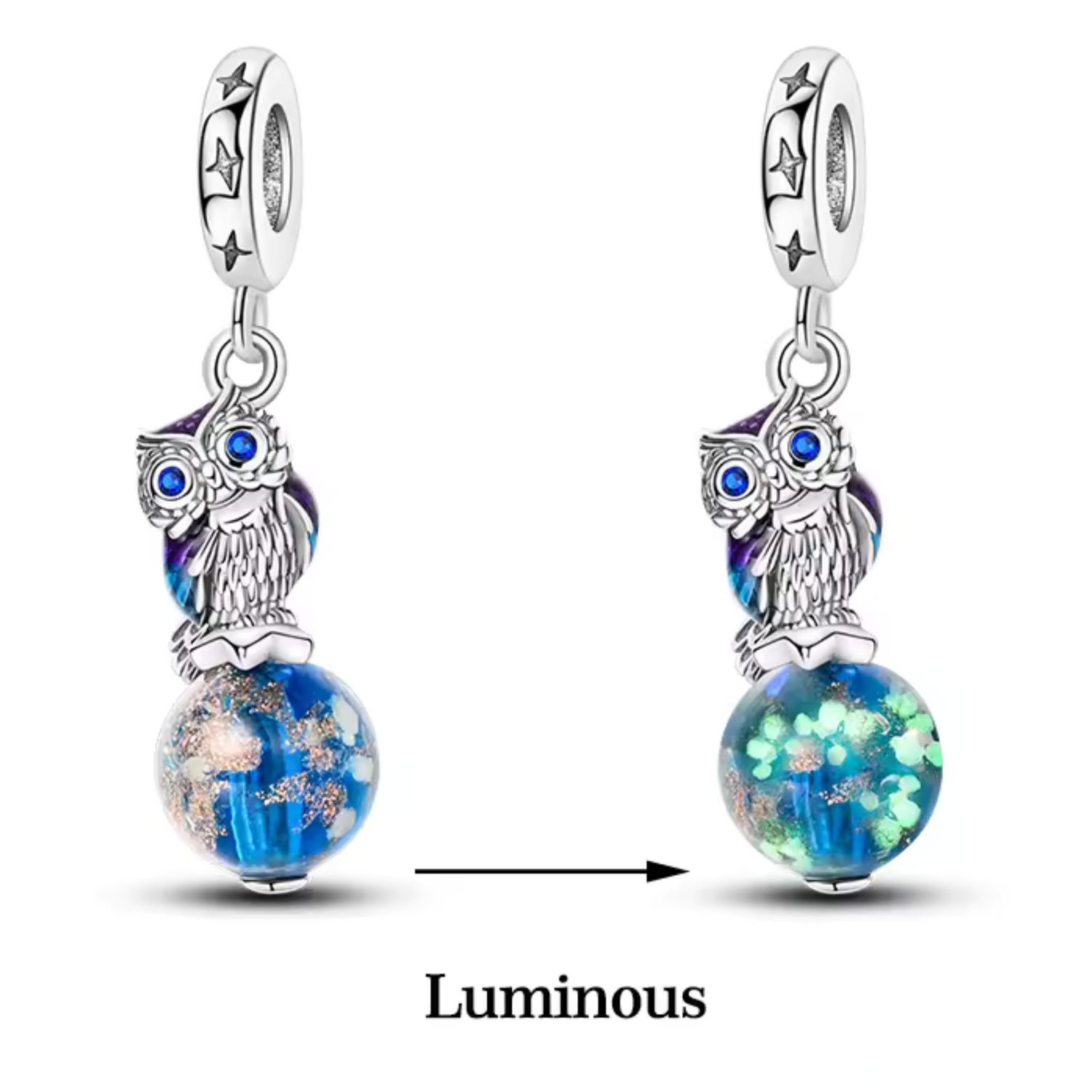 Charm Pendentif Hiboux sur Globe – "Glow in the Dark"