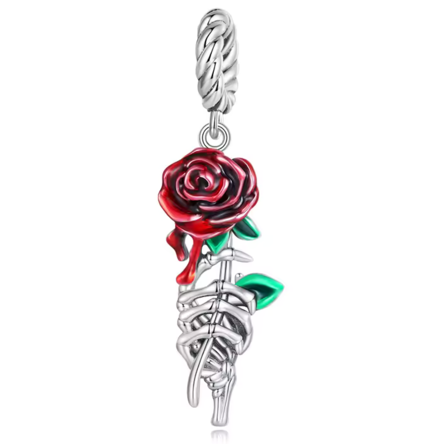 Charm Pendentif - Main Squelette Attrapant une Rose Rouge