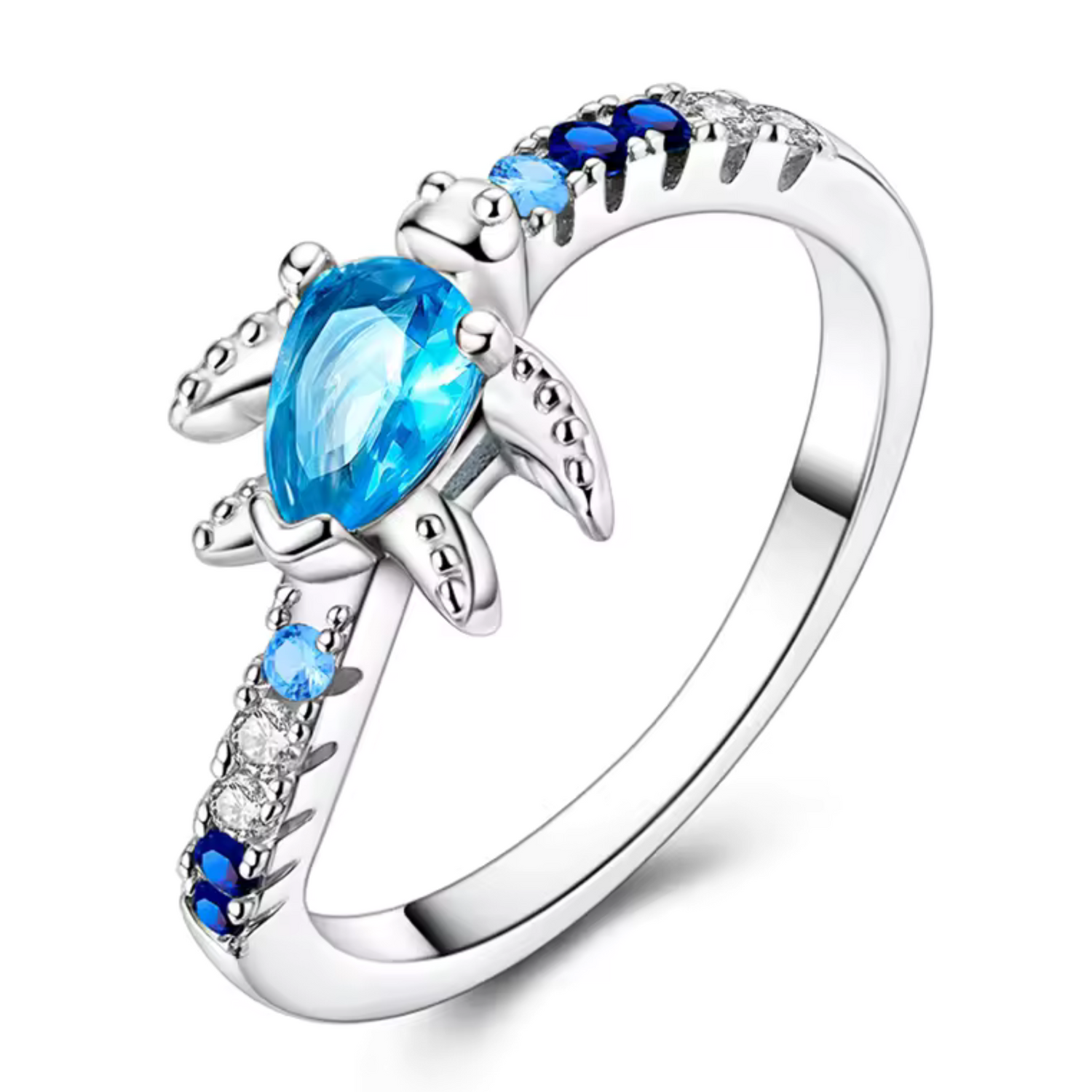 Bague Argentée Tortue & Strass Bleus – Esprit Océan de Vaiana