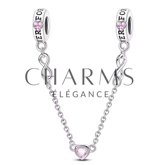 Charm Chaîne de Sécurité Signe de l'Infini et Cœur Rose - Charms Élégance