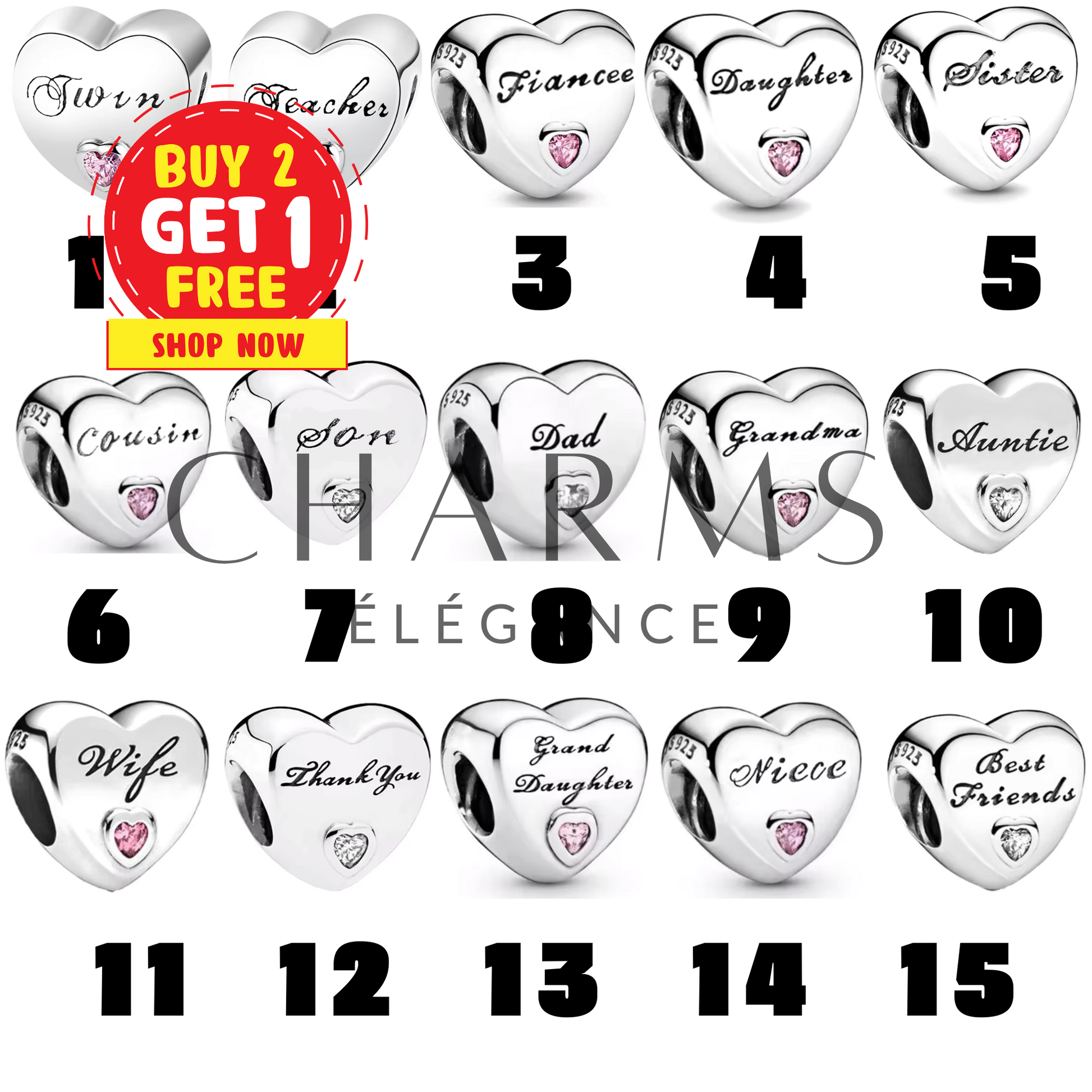 Charm Cœur Famille – 15 Designs au Choix - Charms Élégance