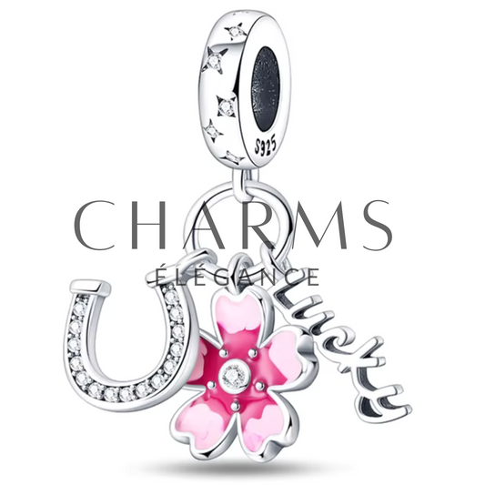 Charm fleur  Fer à Cheval et Inscription "Lucky" - Charms Élégance