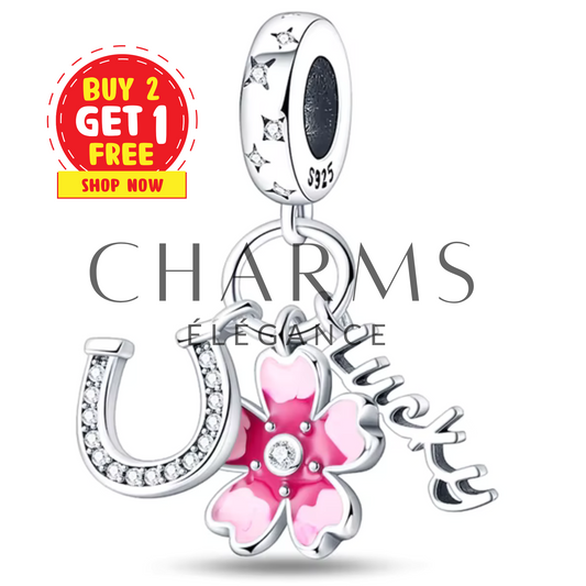 Charm fleur  Fer à Cheval et Inscription "Lucky" - Charms Élégance