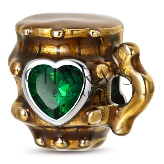 Charm Pinte de Bière Effet Bois & Cœur Vert – Tradition et Convivialité - Charms Élégance