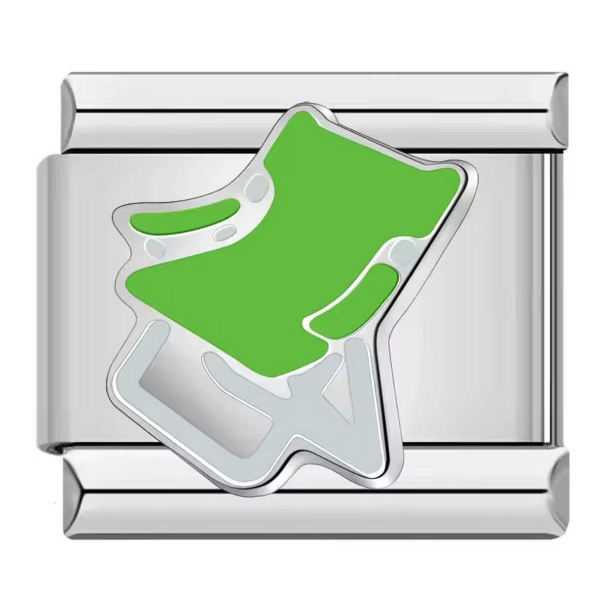 Ce charm italien en acier inoxydable argenté représente une chaise de plage verte, parfaite pour évoquer des moments de détente et des vacances ensoleillées. Avec ses détails soigneusement réalisés et sa touche de couleur vive, il apporte une note estivale et rafraîchissante à votre bracelet. Facile à fixer, il s’adapte parfaitement à nos bracelets composés de 17 maillons extensibles et réglables, convenant à toutes les tailles de poignet.