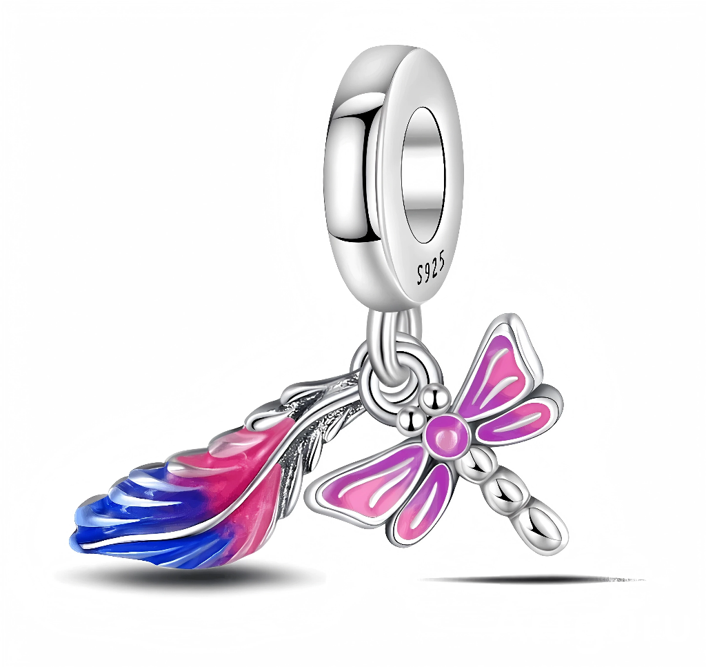 Charm Pendentif - Libellule Arc‑en‑Ciel et Plume